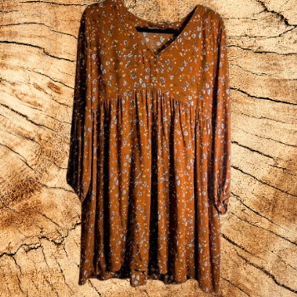 Jodifl medium long sleeve burnt orange rayon floral woman's casual dress.